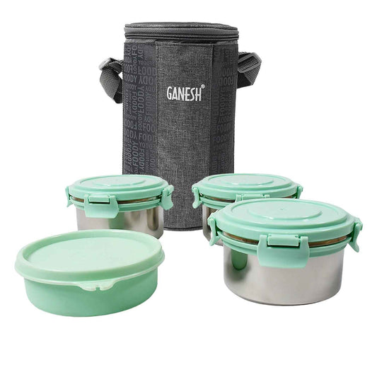 8717 4in1tiffin Box-lunch Box 3 Stainless Steel Containers 300 Ml Approx Plastic Salad Container 200 Ml Approx Plastic Lid Box Round Zip Bag Leak Proof Microwave Safefor Office College And School For Men Women