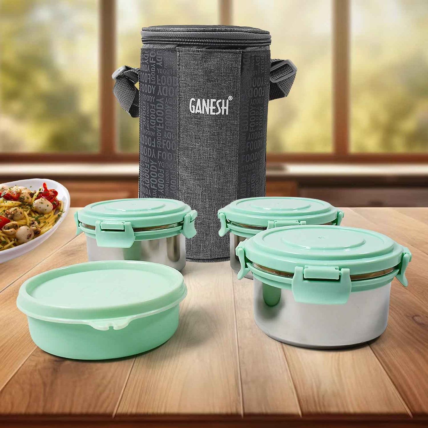 8717 4in1tiffin Box-lunch Box 3 Stainless Steel Containers 300 Ml Approx Plastic Salad Container 200 Ml Approx Plastic Lid Box Round Zip Bag Leak Proof Microwave Safefor Office College And School For Men Women