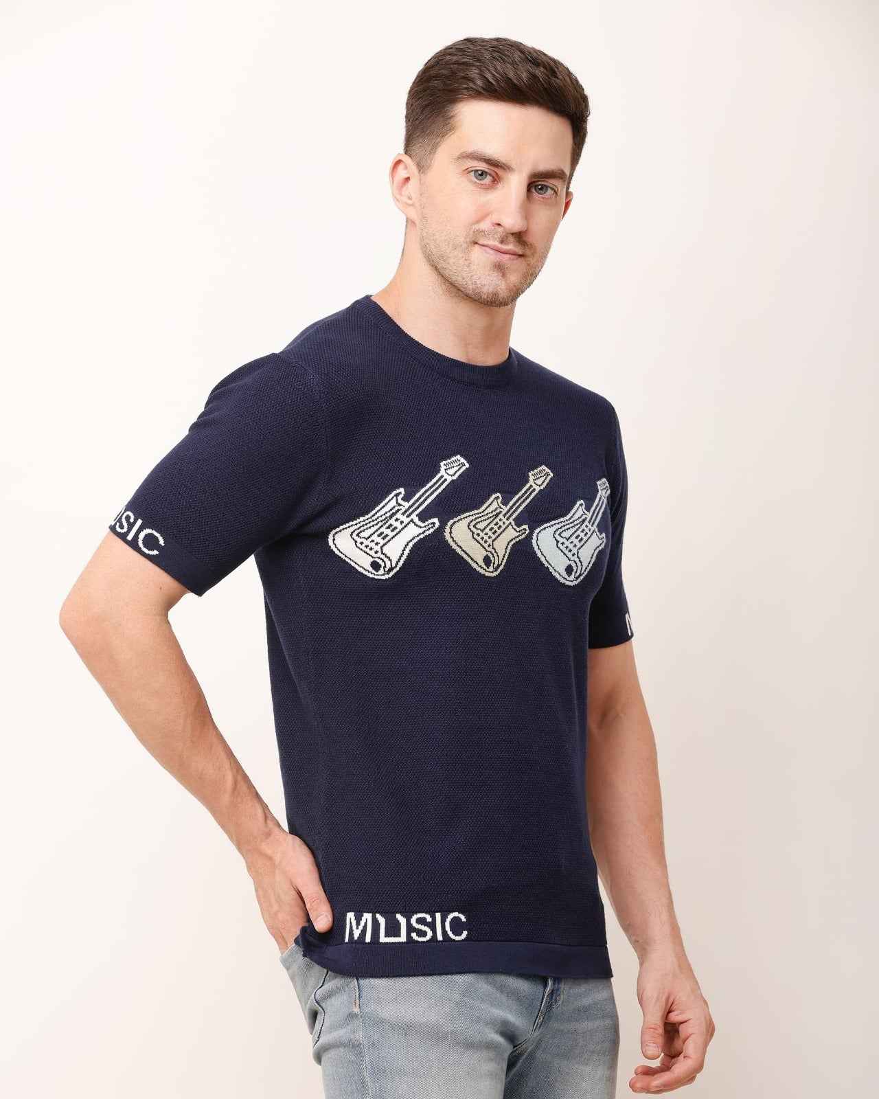 Adada Three Guitar Men's T-Shirt - Short Sleeve Knitted Design - EcomEdge