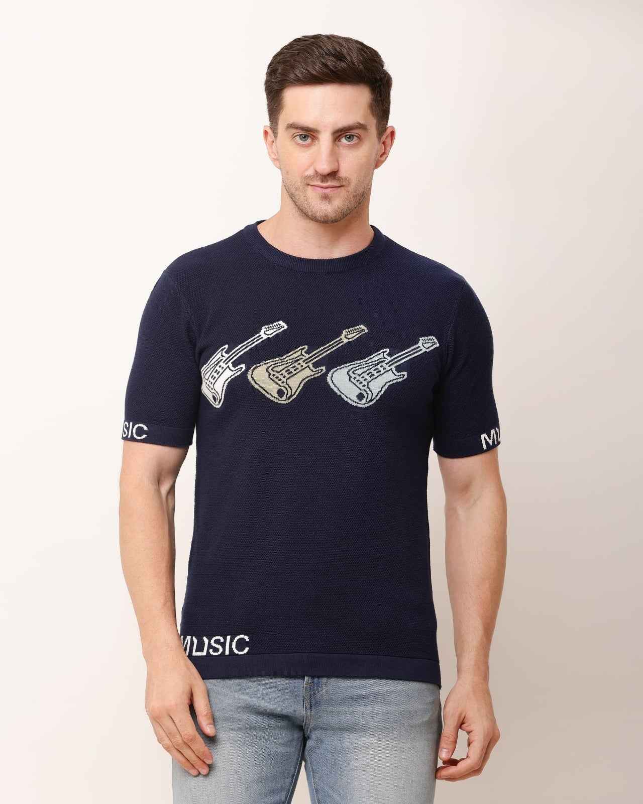 Adada Three Guitar Men's T-Shirt - Short Sleeve Knitted Design - EcomEdge