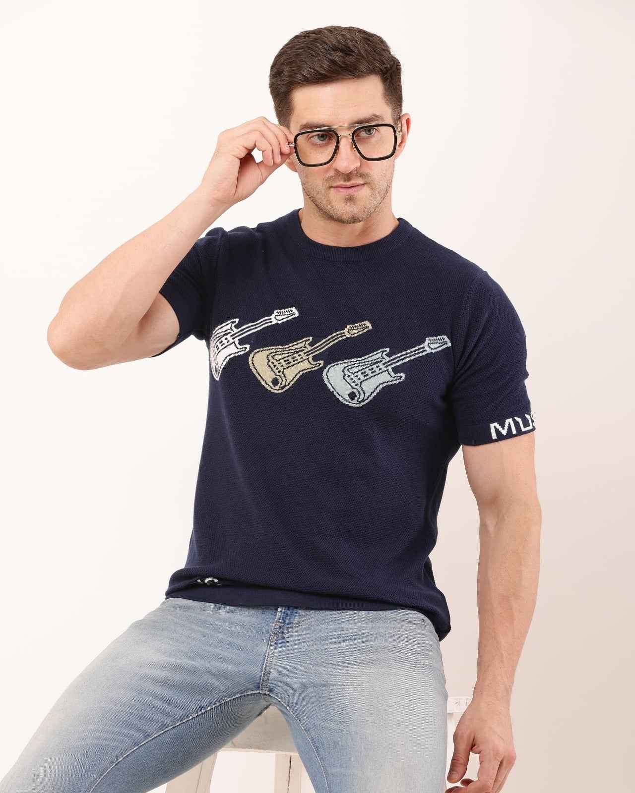 Adada Three Guitar Men's T-Shirt - Short Sleeve Knitted Design - EcomEdge
