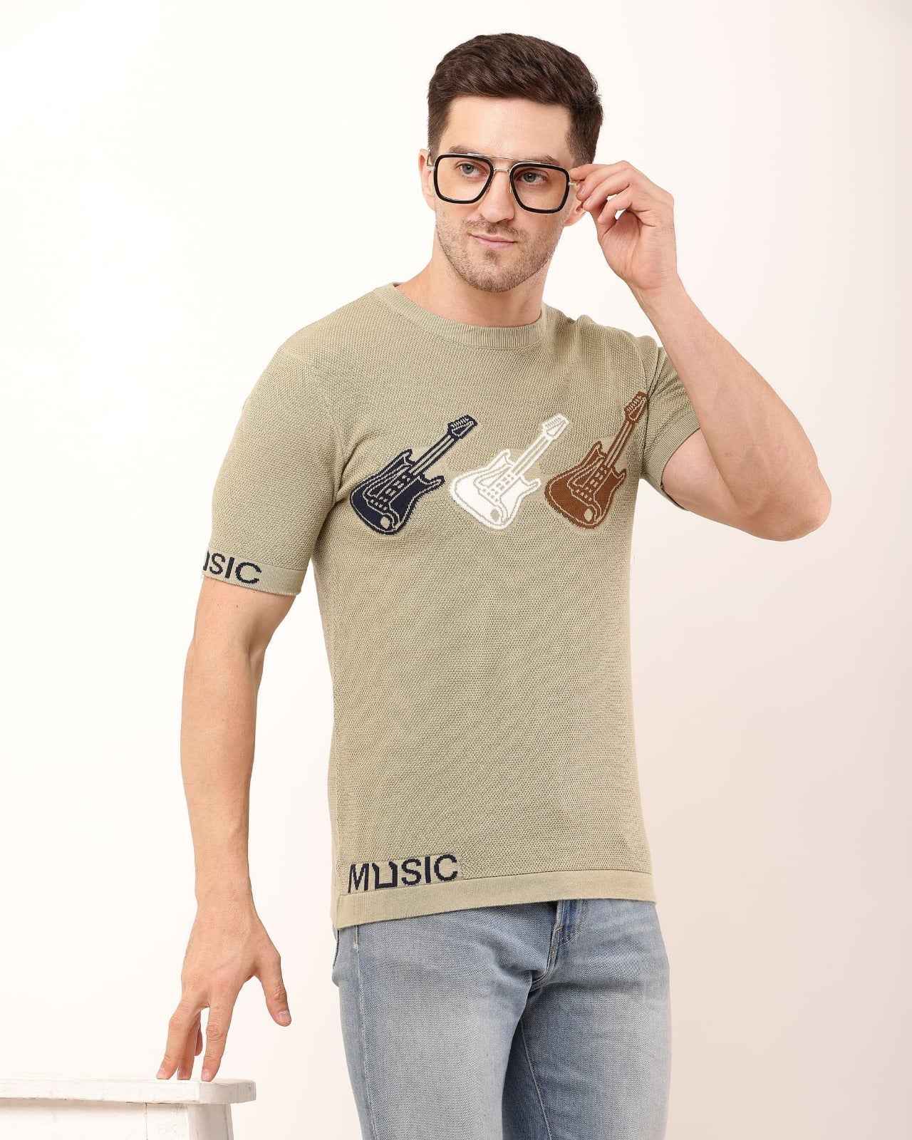 Adada Three Guitar Men's T-Shirt - Short Sleeve Knitted Design - EcomEdge