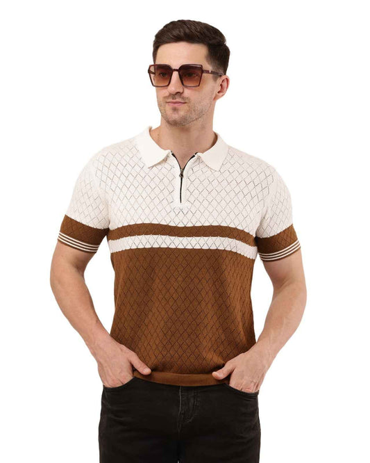Adada Men's Brown Knitted T-Shirt with Stripe & Polo Zipper Collar - EcomEdge