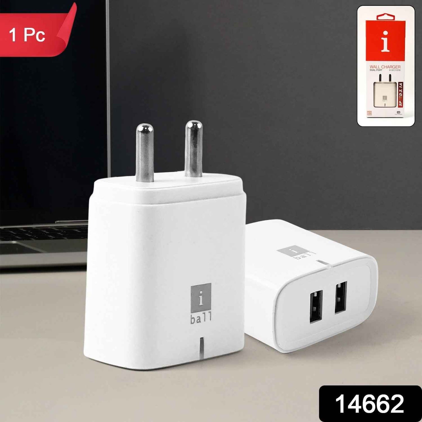 Iball Dual Usb Wall Charger 5v3.1a High-speed Dual Port Fast Charging Adapte (1 Pc)