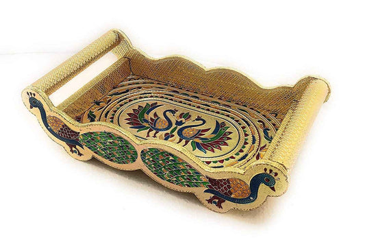 2125 Peacock Design Glass With Handle And Handicraft Serving Tray Set