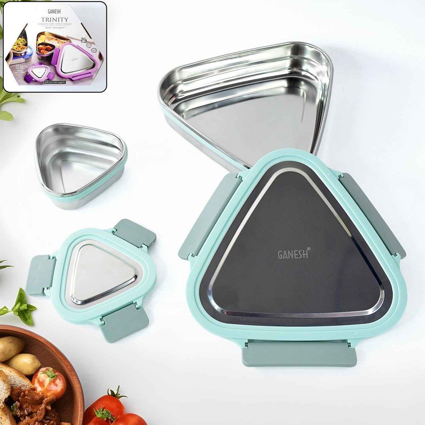 Ganesh Trinity 2-piece Stainless Steel Triangle Lunch Box Set