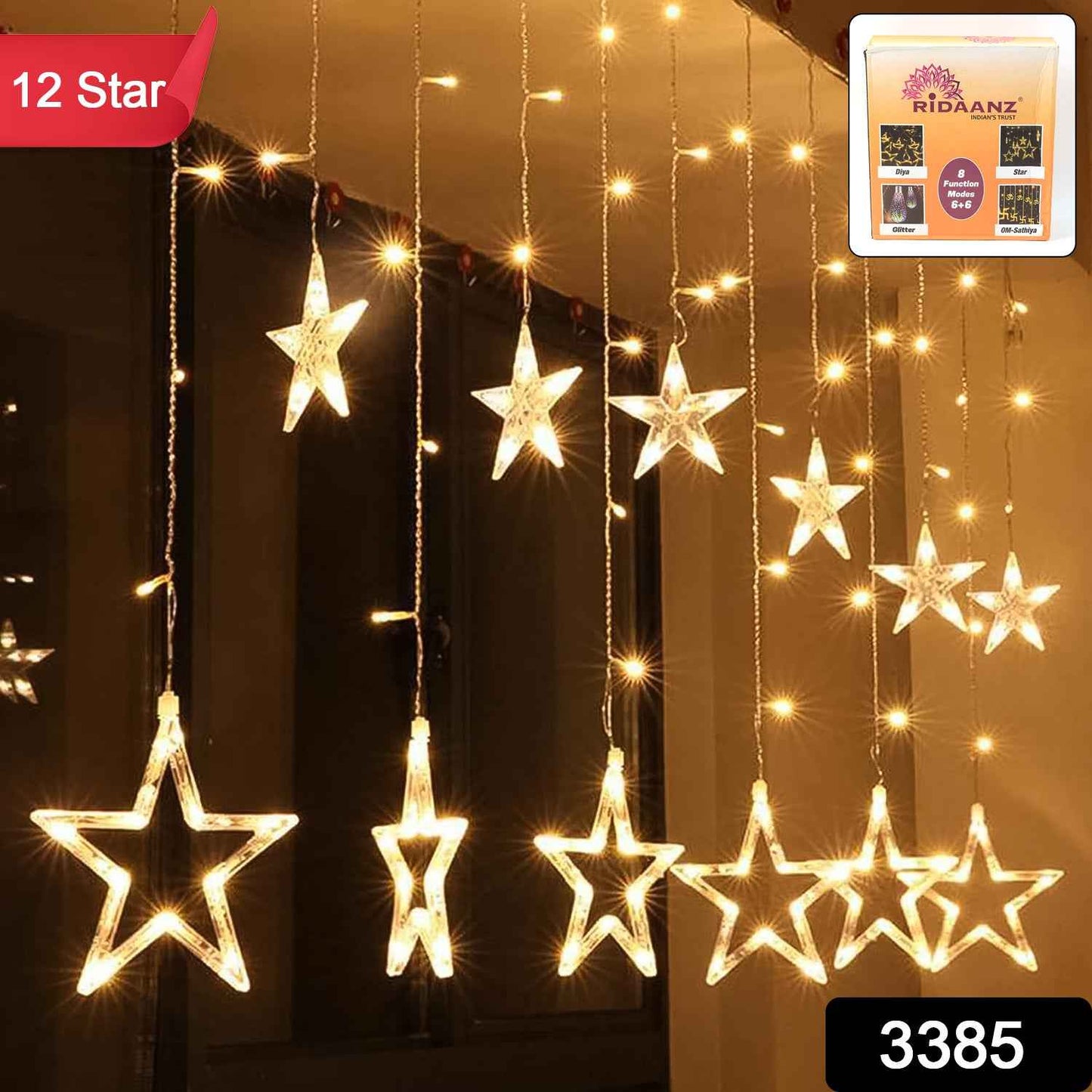 3385 12 Stars Led Curtain String Lights With 8 Flashing Modes For Home Decoration Diwali Wedding Led Christmas Light Indoor And Outdoor Light Festival Decoration (Warm White)
