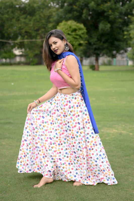 Pink Silk Lehenga Choli with Multicolor Print and Blue Georgette Dupatta - EcomEdge