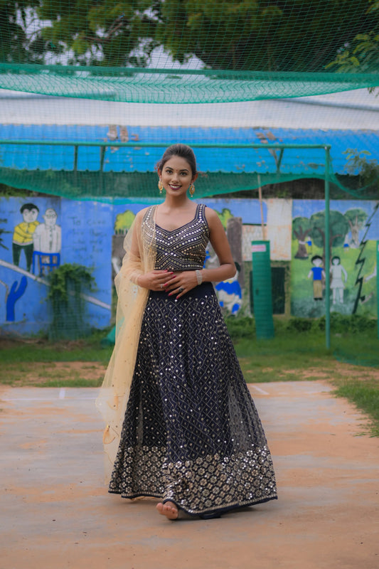 Navy Blue Lehenga Choli with Backless Choli Design, Net Dupatta & Machine Work - EcomEdge