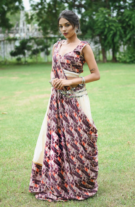 Maroon Crepe Lehenga Choli Set with 8 Meter Ghera & Dupatta - EcomEdge