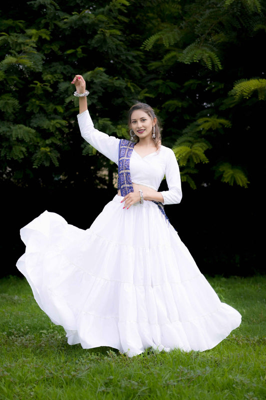 White Cotton Silk Lehenga Choli with 10 Meter Flare & Printed Organza Dupatta - EcomEdge
