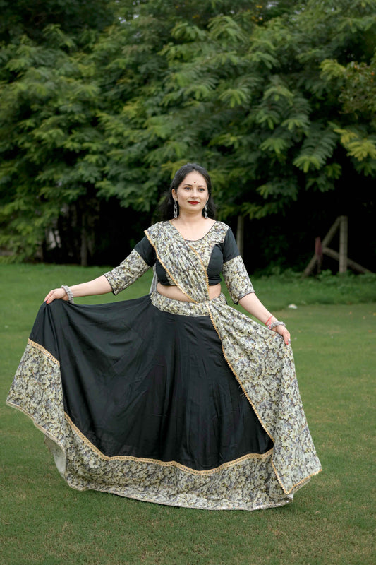 Black Cotton Lehenga Choli with 10 Meter Full Ghera in Pure Cotton - EcomEdge