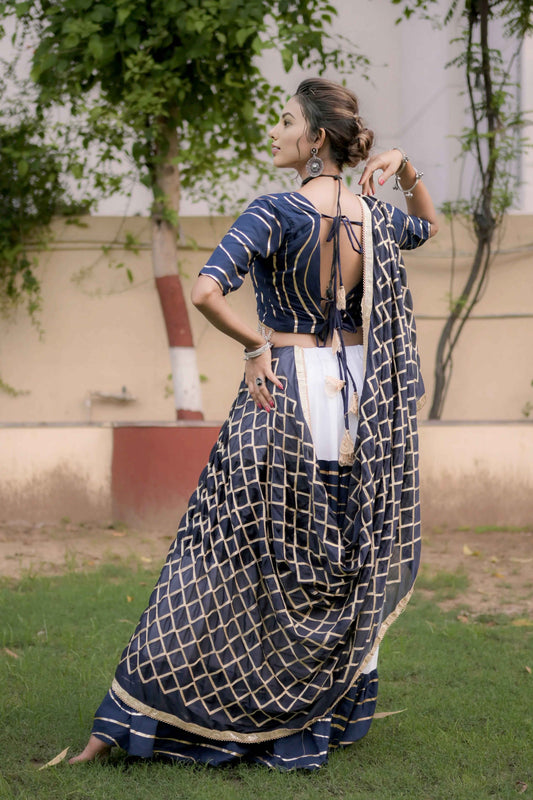Navy Blue Lehenga Choli with Golden Lining and Dupatta in Cotton Silk - EcomEdge