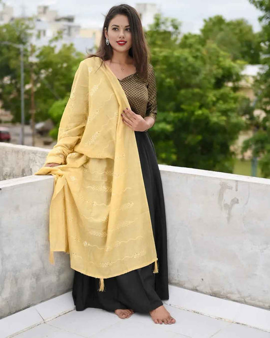 Black and Gold Lehenga Choli with Yellow Dupatta - Elegant Cotton Silk Design - EcomEdge