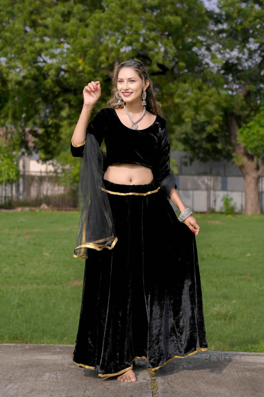 Black Velvet Lehenga Choli with Net Dupatta & Golden Lace - EcomEdge