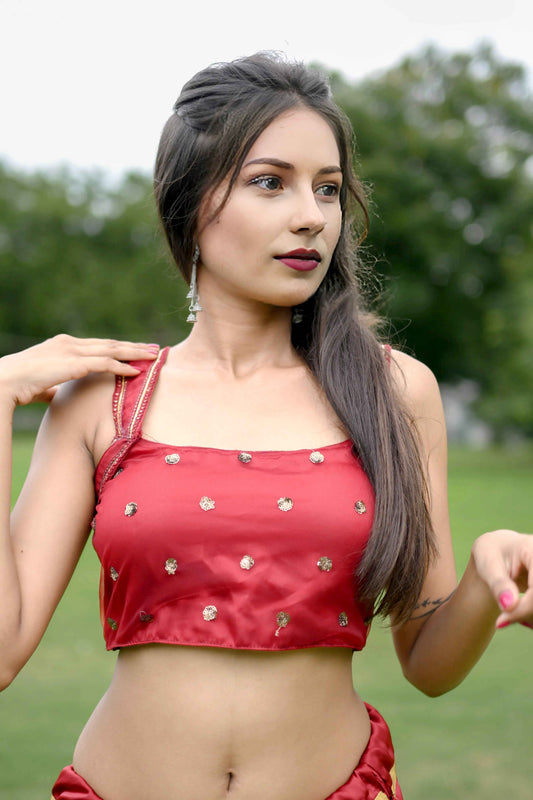 Red-Brown Satin Silk Lehenga Choli with 8 Meter Full Ghera & Net Dupatta - EcomEdge