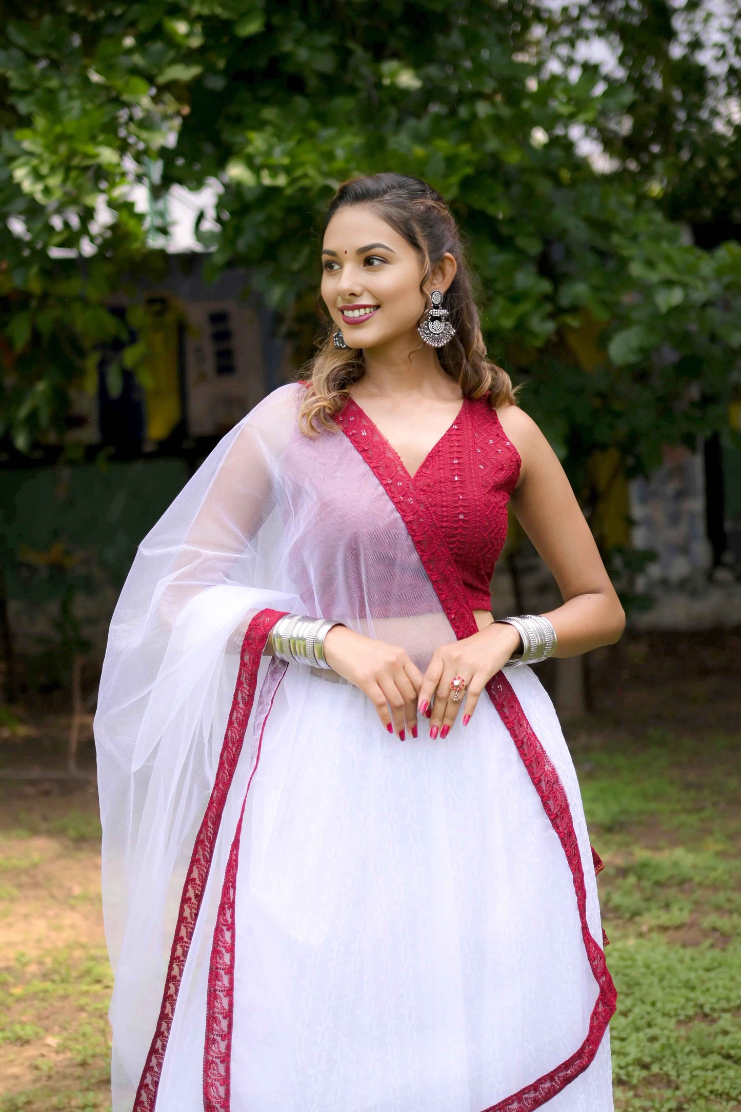 Red Brown Choli Lehenga Set with White Lehenga & Net Dupatta - EcomEdge