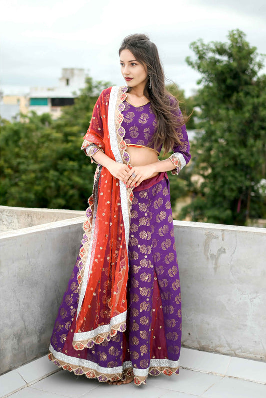 Purple Cotton Lehenga Choli with Maroon Net Dupatta & Printed Design - EcomEdge