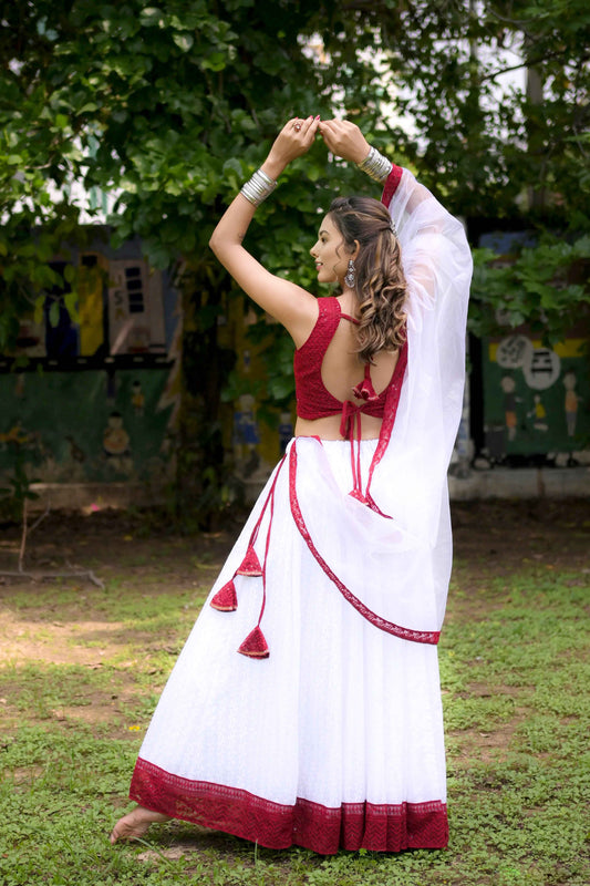 Red Brown Choli Lehenga Set with White Lehenga & Net Dupatta - EcomEdge