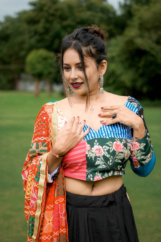 Multicolor Cotton Lehenga Choli with Phulkari Mirror Work Dupatta - EcomEdge