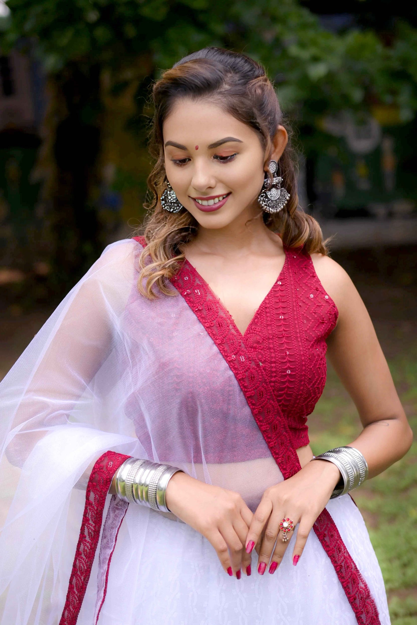 Red Brown Choli Lehenga Set with White Lehenga & Net Dupatta - EcomEdge