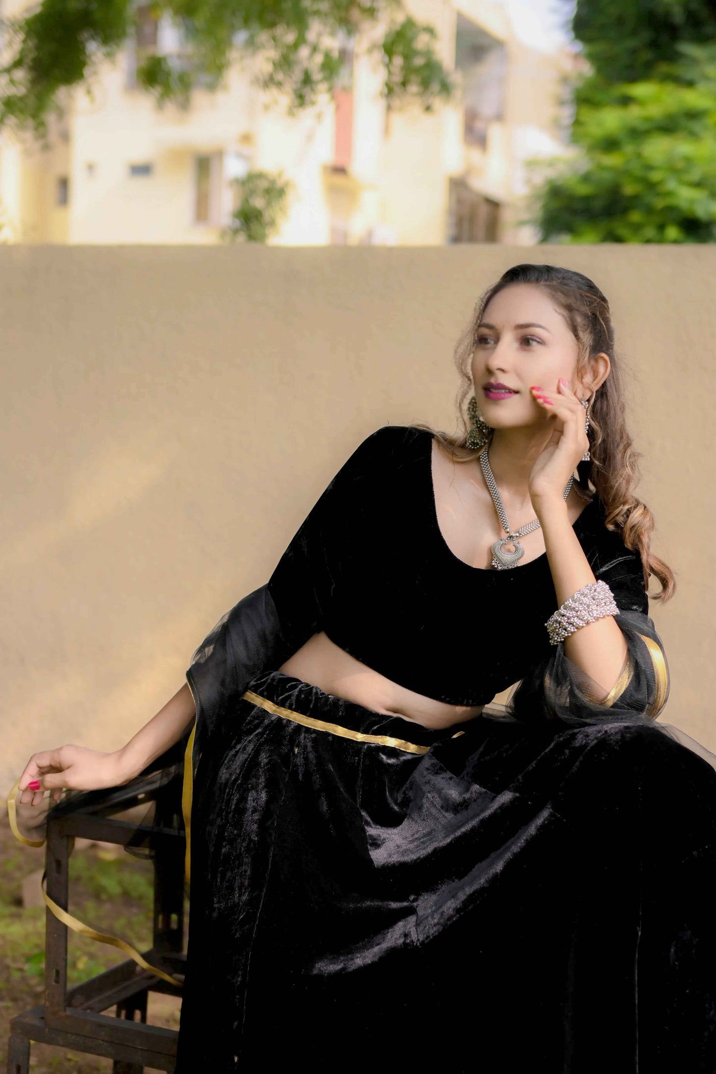 Black Velvet Lehenga Choli with Net Dupatta & Golden Lace - EcomEdge