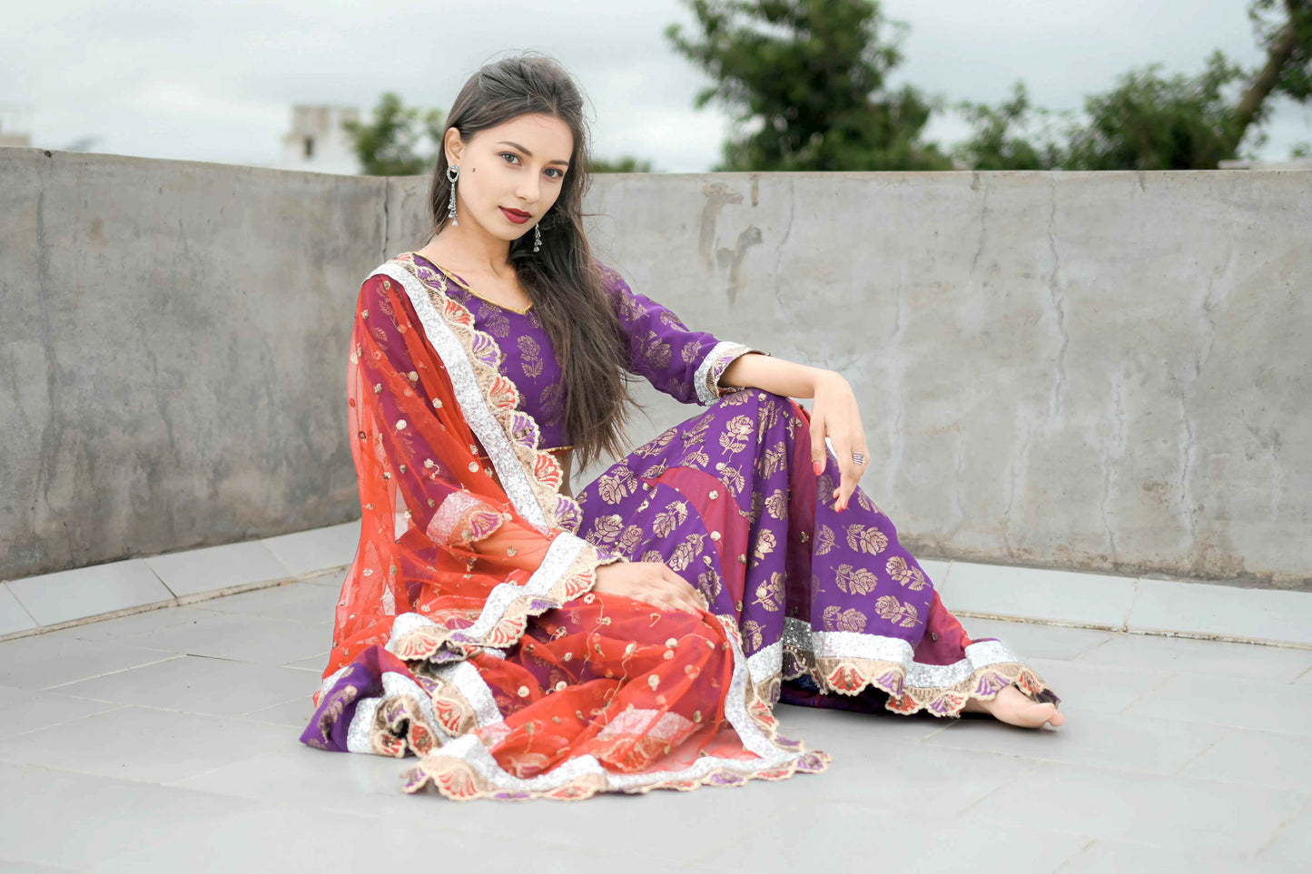 Purple Cotton Lehenga Choli with Maroon Net Dupatta & Printed Design - EcomEdge