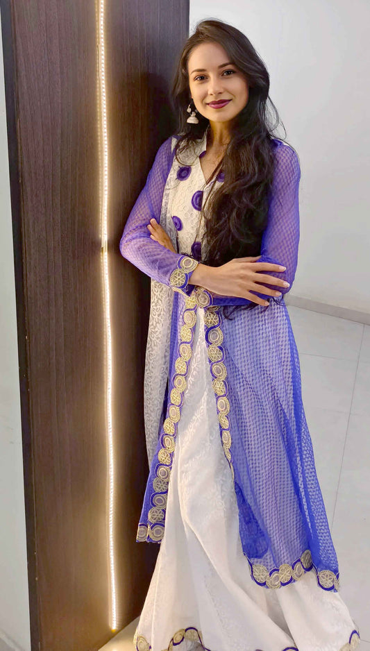 White & Blue Lehenga Choli in Cotton Net with Dupatta - EcomEdge