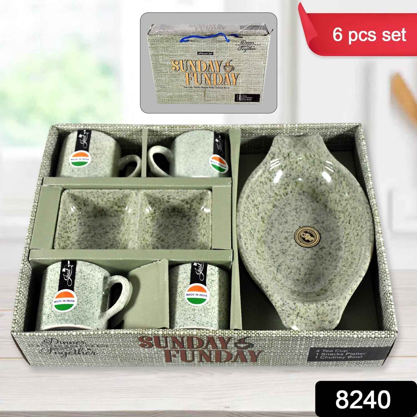8240 Sunday Funday Ceramic Tea Cups Mug With Plastic Snacks Platter And 2 Compartment Chutney Bowl Milk Cup Coffee Cup Breakfast Cup Drinking Mug Or Outdoor For Household Gift For Birthday Wedding Party (6 Pcs Set)