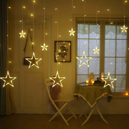 3385 12 Stars Led Curtain String Lights With 8 Flashing Modes For Home Decoration Diwali Wedding Led Christmas Light Indoor And Outdoor Light Festival Decoration (Warm White)