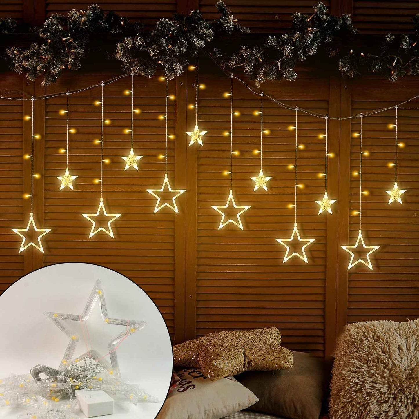 3385 12 Stars Led Curtain String Lights With 8 Flashing Modes For Home Decoration Diwali  Wedding Led Christmas Light Indoor And Outdoor Light Festival Decoration  (Warm White)