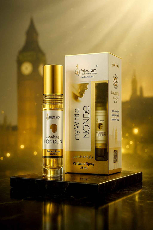 ZAM ZAM PERFUME 20 ML FAIZALAM MY WHITE LONDON - Golden Elegance with Big Ben Backdrop - EcomEdge