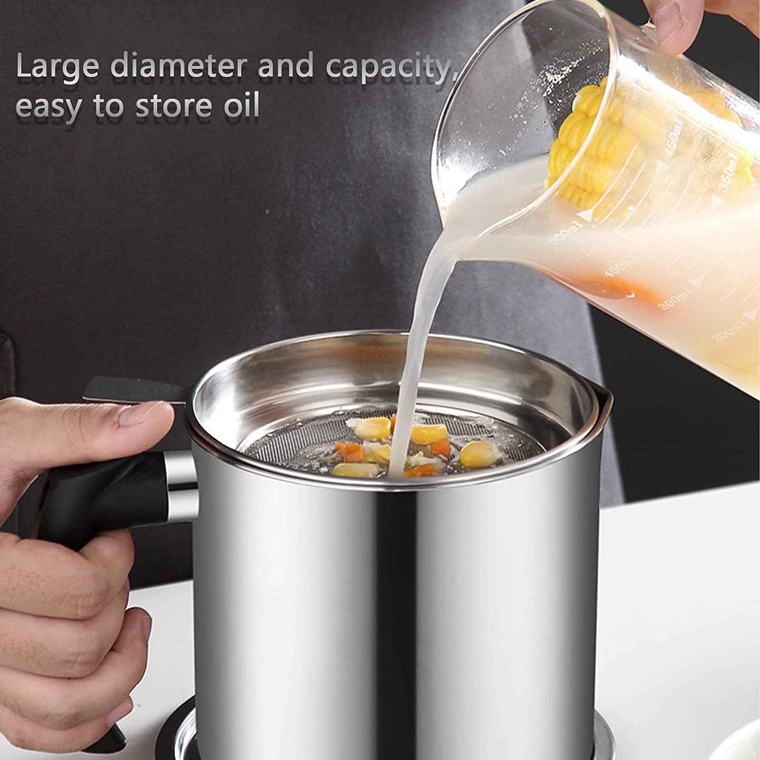 Stainless Steel Oil Strainer Pot With Lid And Filter Mesh (1 Set)