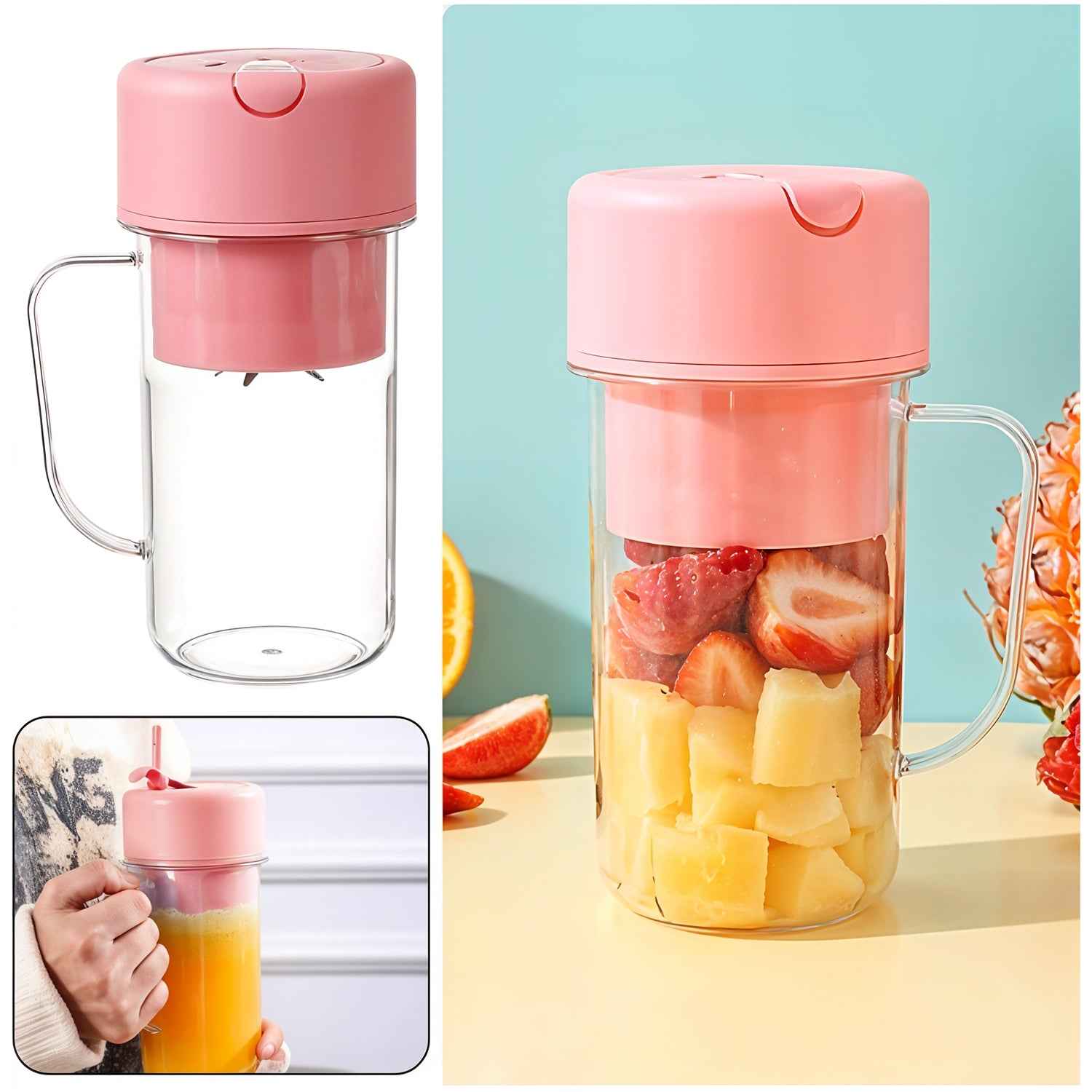 Portable Crusher Juicer With Handle  Straw Usb Rechargeable 6 Blades (420 Ml)