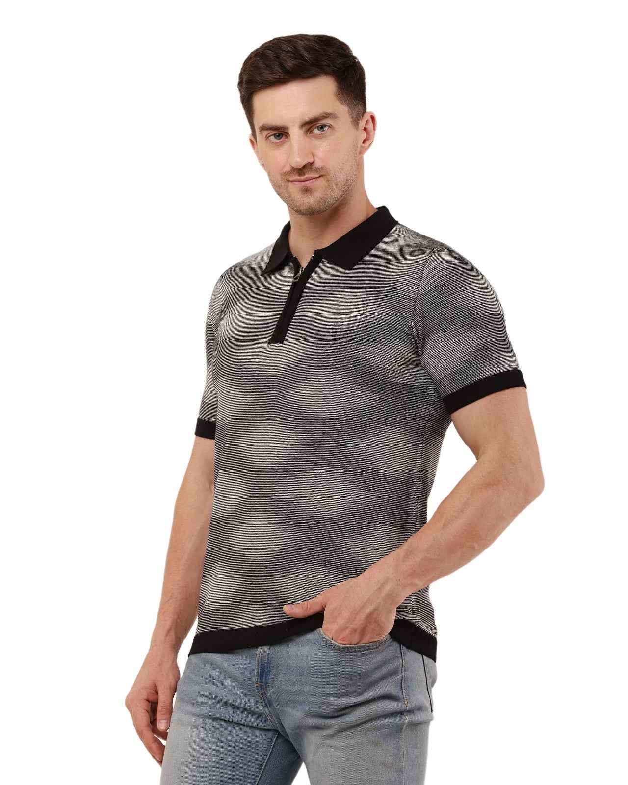 Adada Textured Short Sleev Knitted T-shirt Polo Collar Zipper - EcomEdge