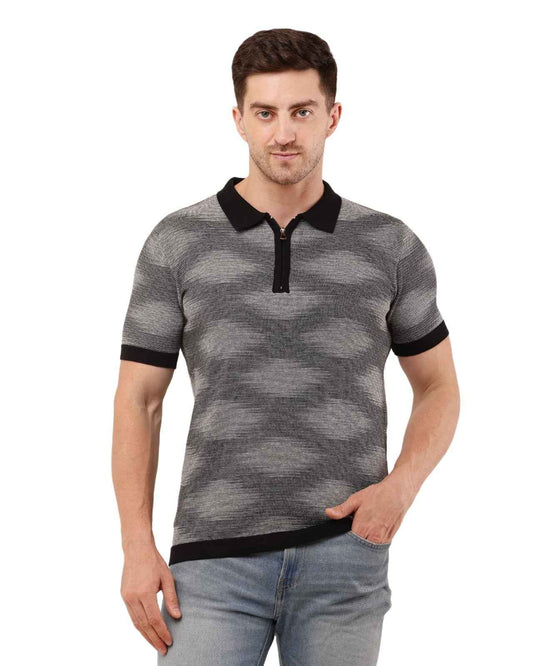 Adada Textured Short Sleev Knitted T-shirt Polo Collar Zipper - EcomEdge