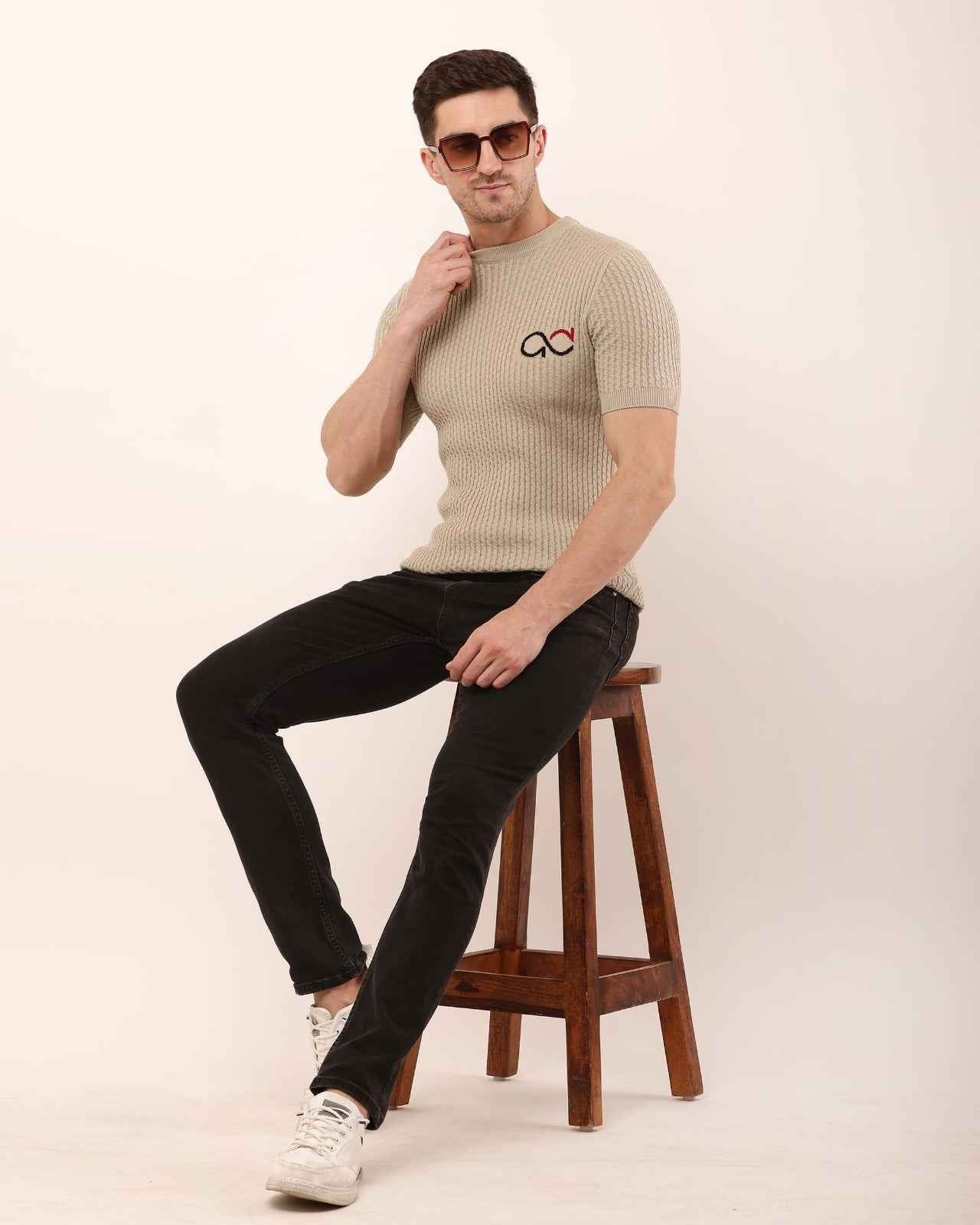 Adada Men's Ribbed Knitted T-shirt - Short Sleeve Comfortable Style - EcomEdge