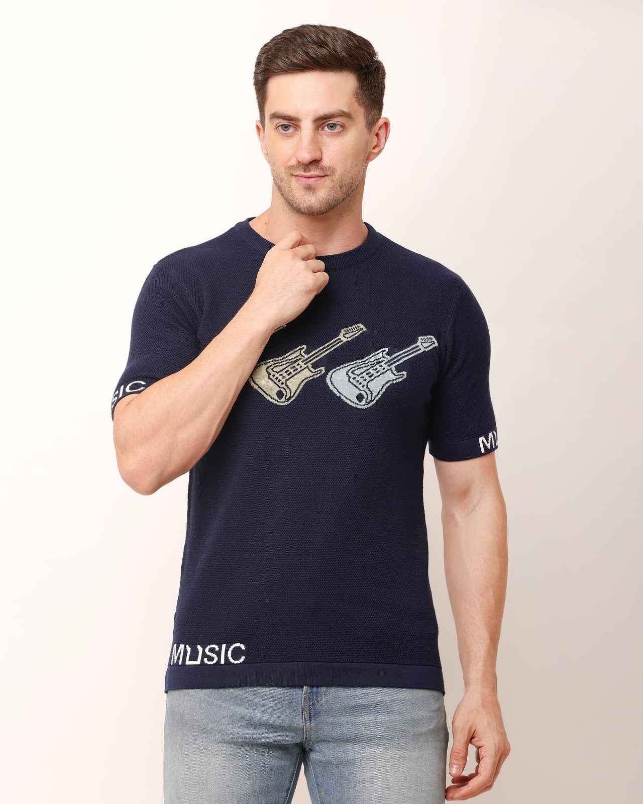 Adada Three Guitar Men's T-Shirt - Short Sleeve Knitted Design - EcomEdge