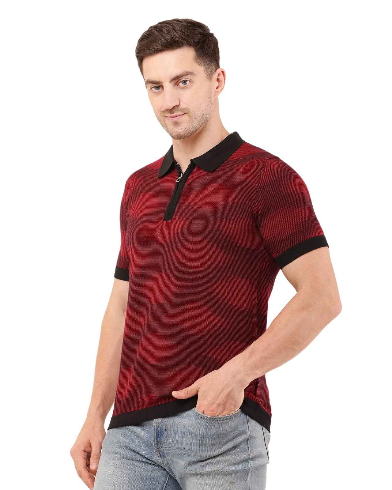Adada Textured Short Sleev Knitted T-shirt Polo Collar Zipper - EcomEdge