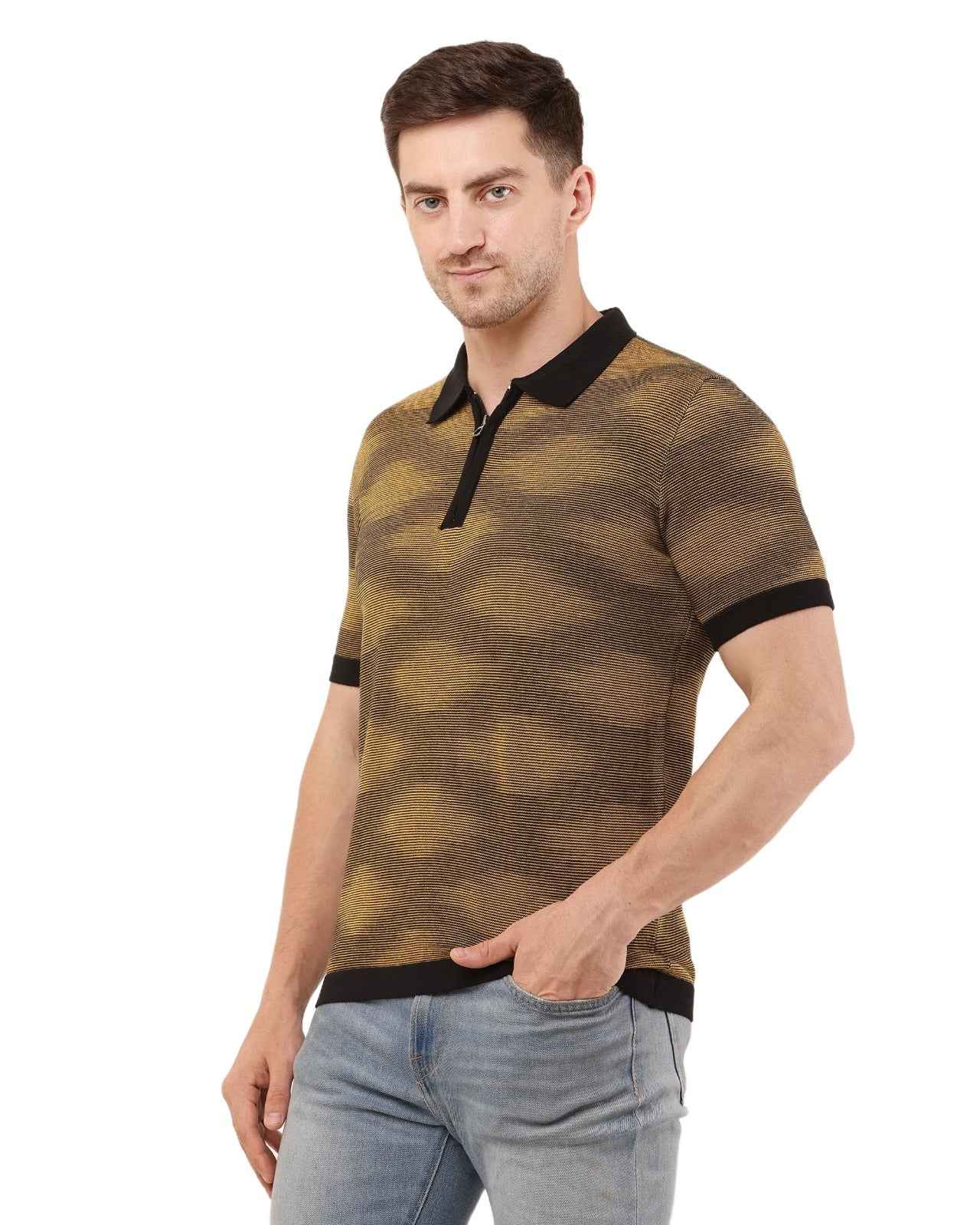 Adada Textured Short Sleev Knitted T-shirt Polo Collar Zipper - EcomEdge