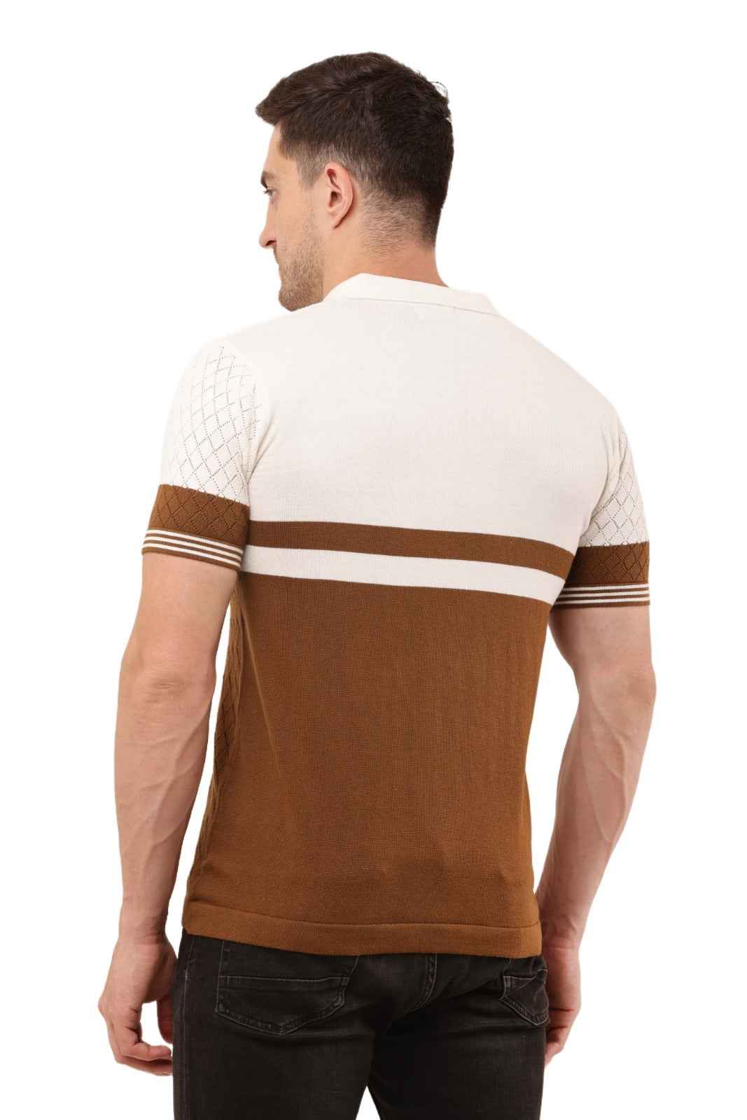 Adada Men's Brown Knitted T-Shirt with Stripe & Polo Zipper Collar - EcomEdge
