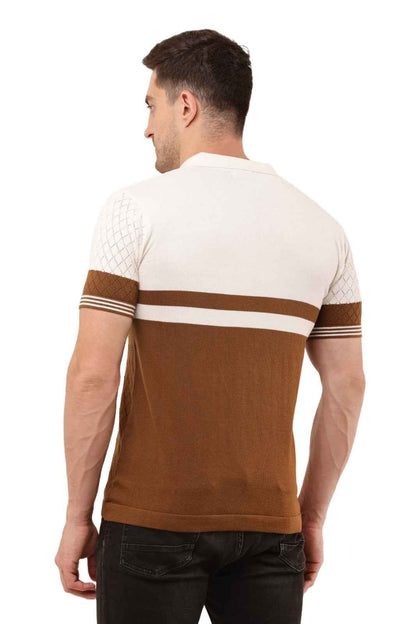Adada Men's Brown Knitted T-Shirt with Stripe & Polo Zipper Collar - EcomEdge