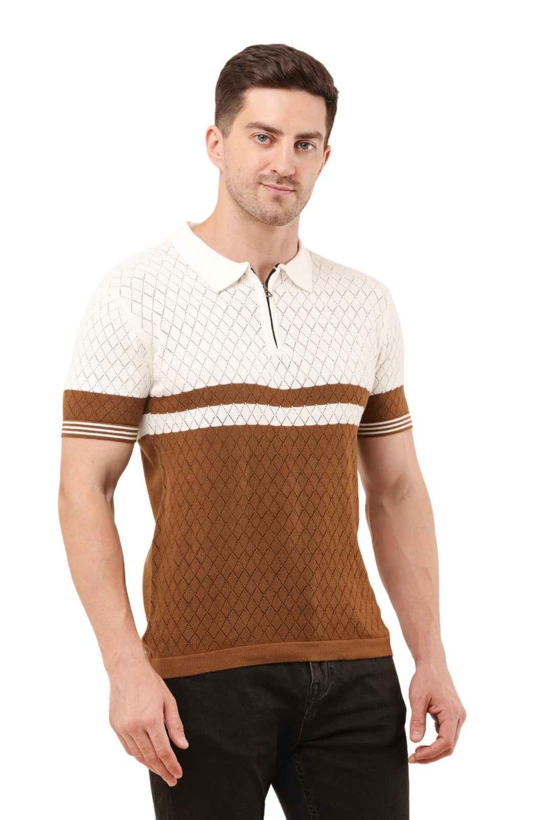Adada Men's Brown Knitted T-Shirt with Stripe & Polo Zipper Collar - EcomEdge