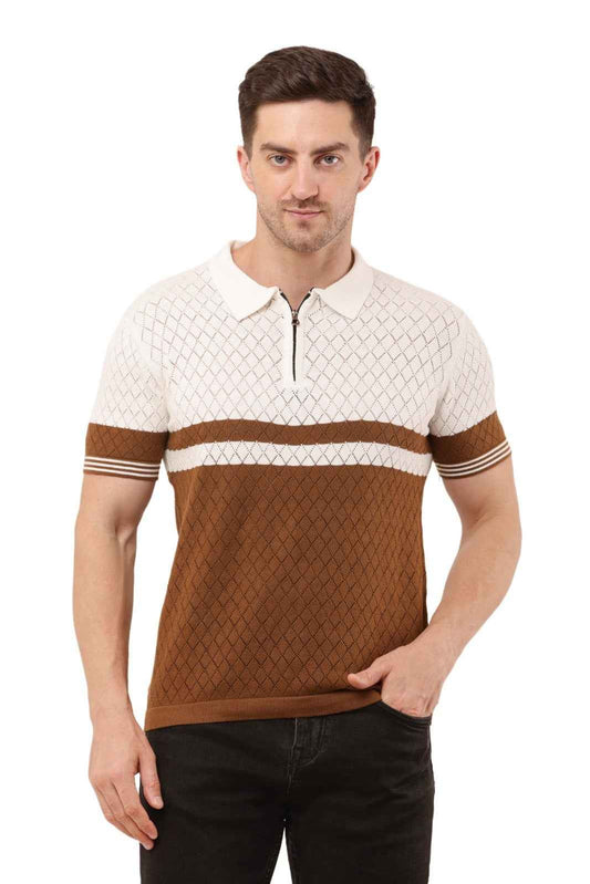 Adada Men's Brown Knitted T-Shirt with Stripe & Polo Zipper Collar - EcomEdge