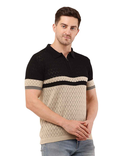 Adada Men's Brown Knitted T-Shirt with Stripe & Polo Zipper Collar - EcomEdge