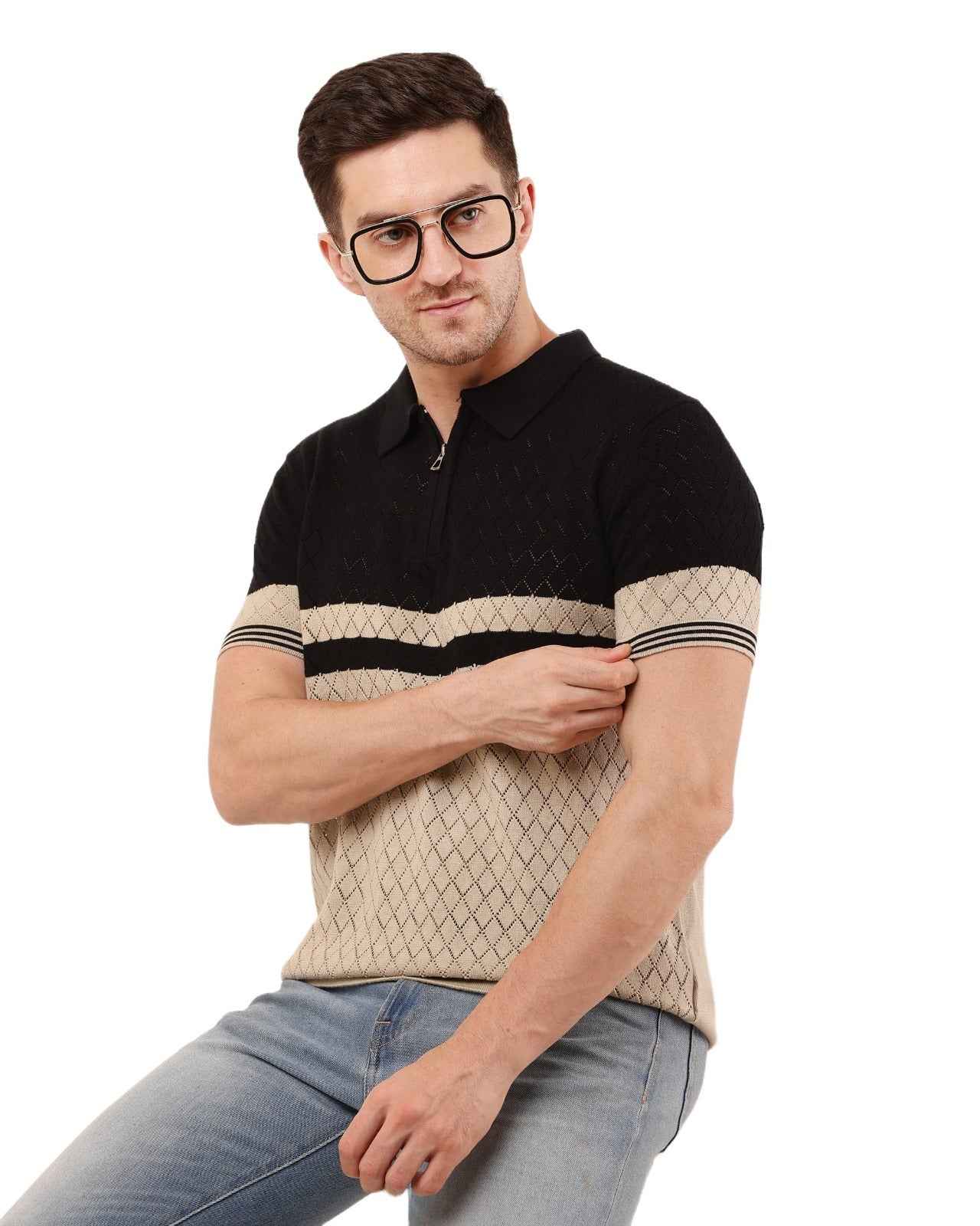 Adada Men's Brown Knitted T-Shirt with Stripe & Polo Zipper Collar - EcomEdge