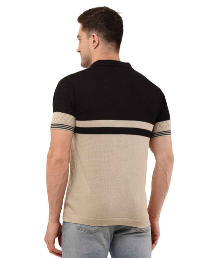 Adada Men's Brown Knitted T-Shirt with Stripe & Polo Zipper Collar - EcomEdge