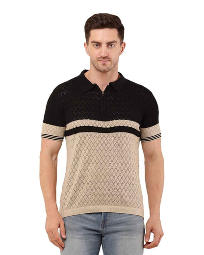 Adada Men's Brown Knitted T-Shirt with Stripe & Polo Zipper Collar - EcomEdge