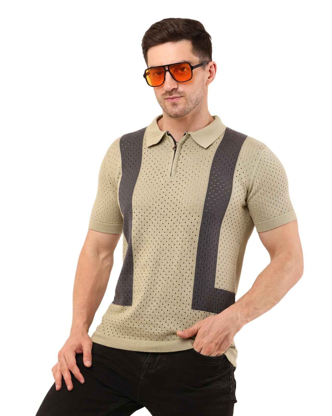 Adada Vintage Knitted Men's T-shirt - Half Sleeve in Black and White, Beige and Black - EcomEdge