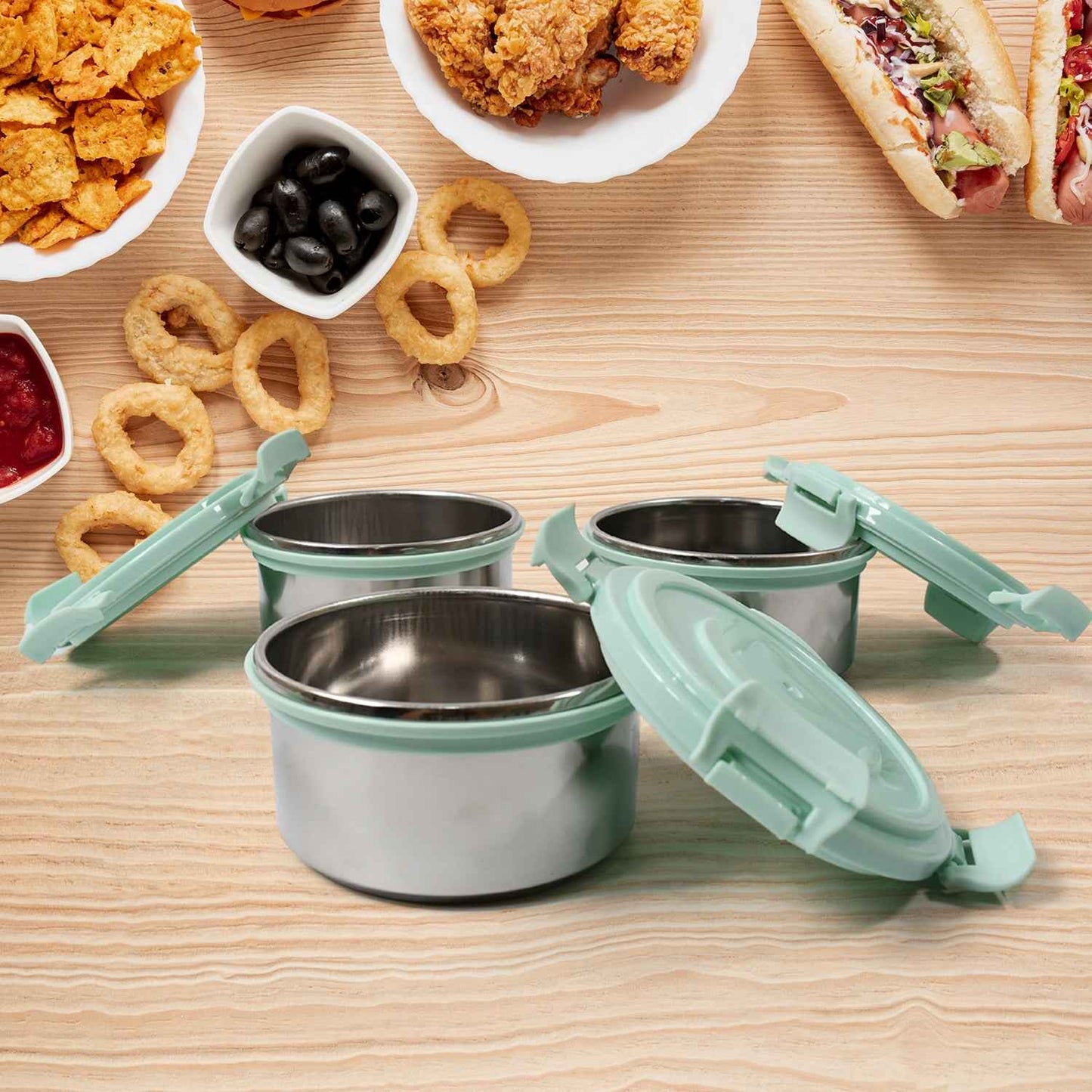 8717 4in1tiffin Box-lunch Box  3 Stainless Steel Containers 300 Ml Approx  Plastic Salad Container 200 Ml Approx Plastic Lid Box  Round Zip Bag  Leak Proof  Microwave Safefor Office College And School For Men Women